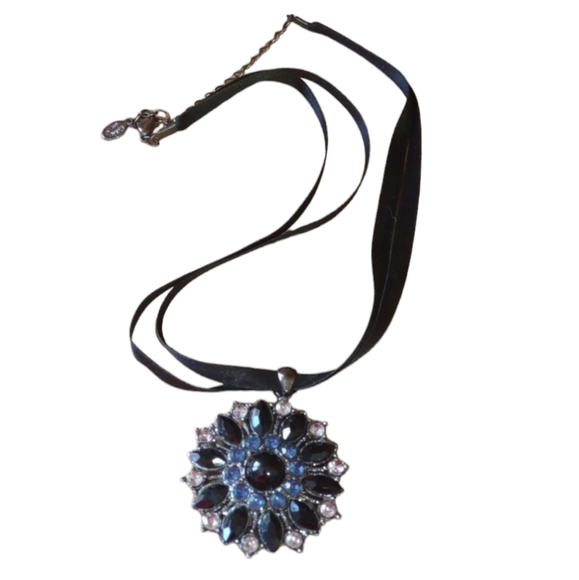 NWOT Cookie Lee blue, black and rhinestone pendant on adjustable ribbon - Picture 1 of 7
